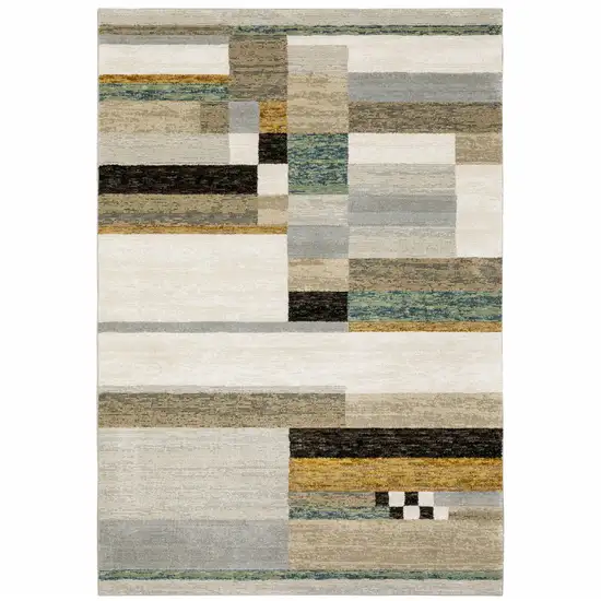 Beige Gold Black Grey Tan Teal and Rust Geometric Power Loom Area Rug Photo 2