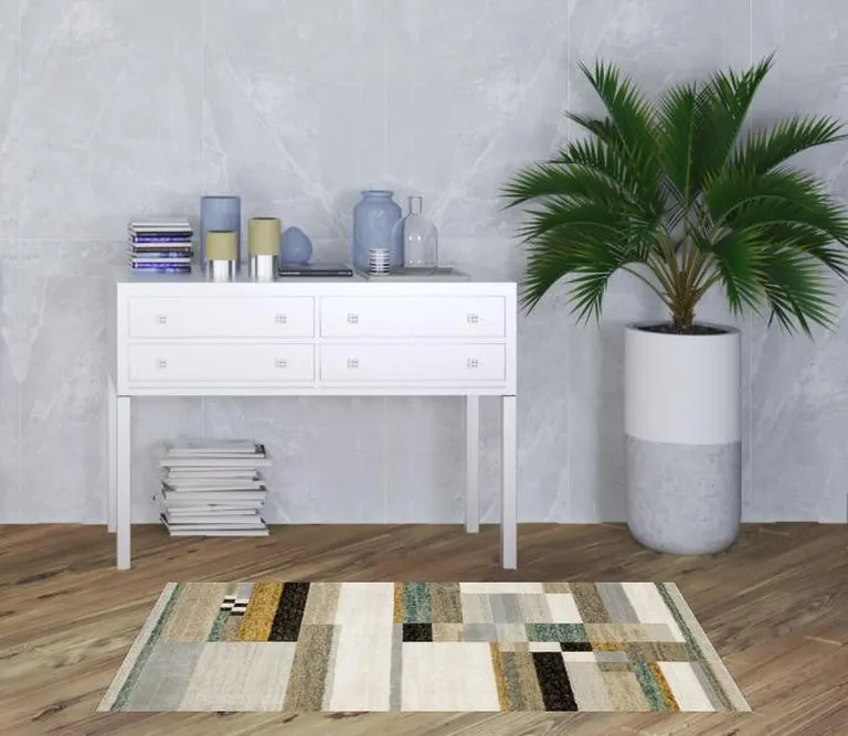 Beige Gold Black Grey Tan Teal And Rust Geometric Power Loom Area Rug Photo 2