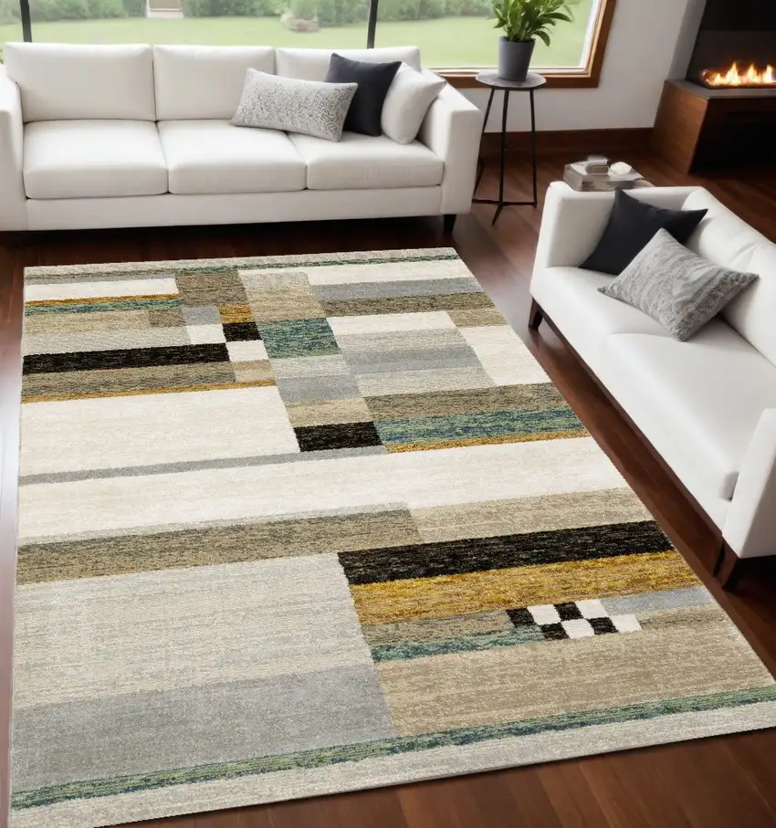 Beige Gold Black Grey Tan Teal and Rust Geometric Power Loom Area Rug Photo 1