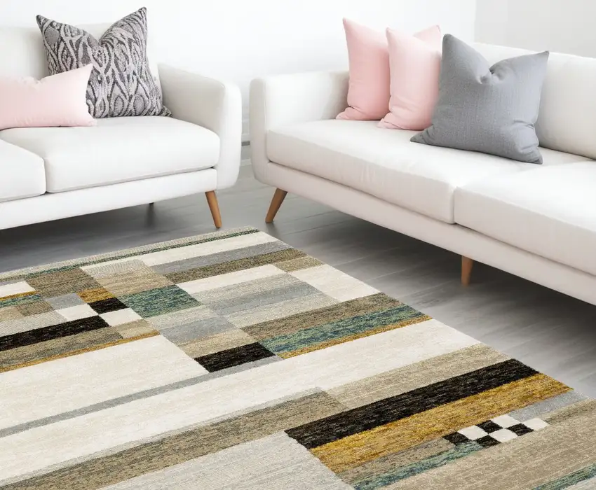 Beige Gold Black Grey Tan Teal and Rust Geometric Power Loom Area Rug Photo 1