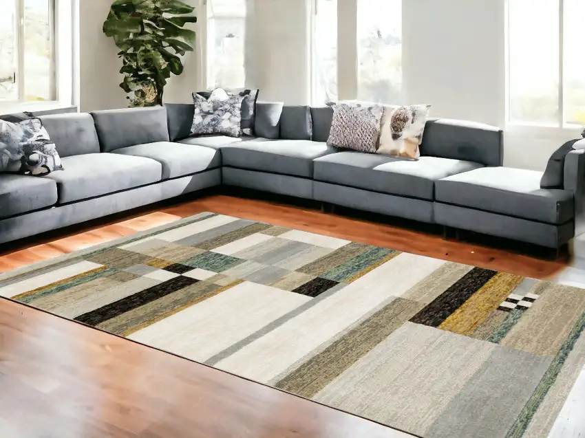 Beige Gold Black Grey Tan Teal And Rust Geometric Power Loom Area Rug Photo 2