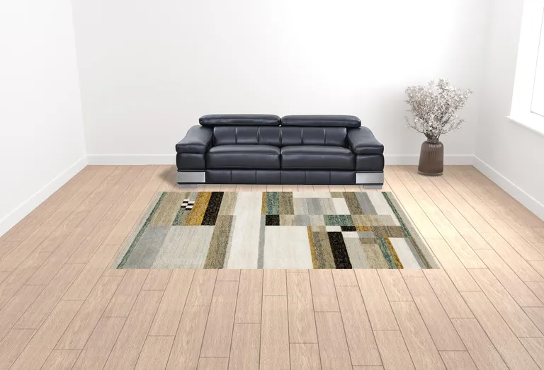 Beige Gold Black Grey Tan Teal And Rust Geometric Power Loom Area Rug Photo 2