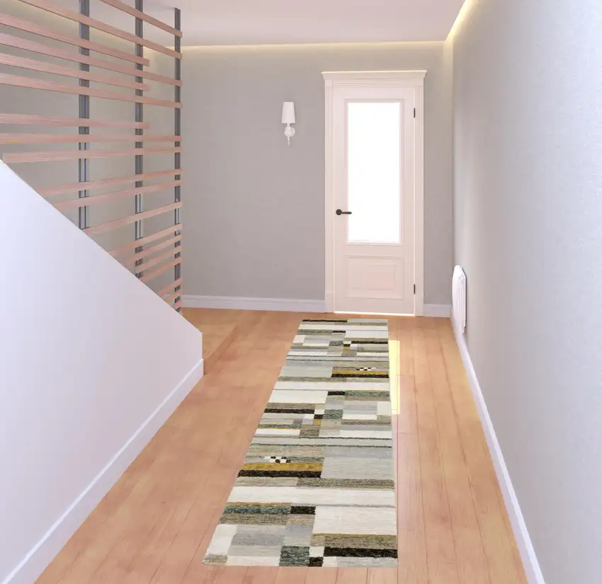 Beige Gold Black Grey Tan Teal And Rust Geometric Power Loom Stain Resistant Runner Rug Photo 2