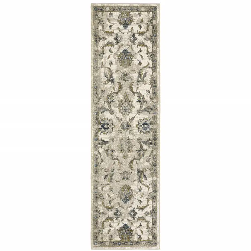 Beige Gold Blue And Grey Oriental Power Loom Stain Resistant Runner Rug Photo 1