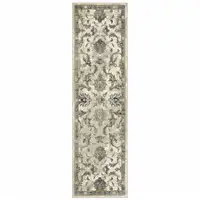 Photo of Beige Gold Blue And Grey Oriental Power Loom Stain Resistant Runner Rug
