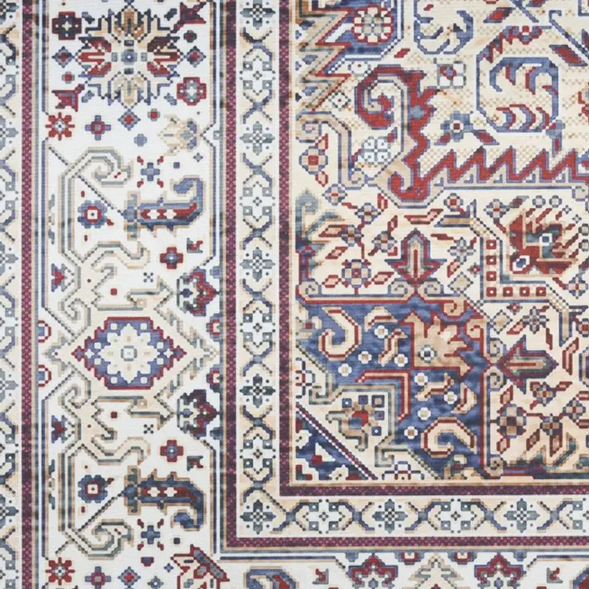 Beige Gold and Red Floral Medallion Distressed Non Skid Area Rug Photo 1