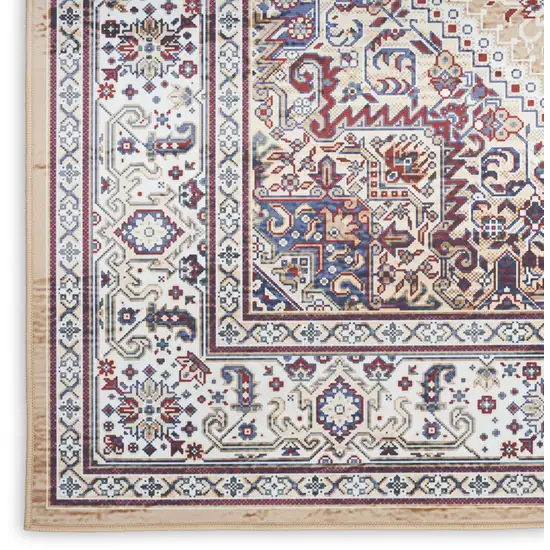 Beige Gold and Red Floral Medallion Distressed Non Skid Area Rug Photo 3