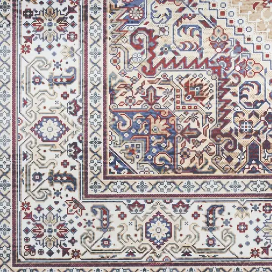 Beige Gold and Red Floral Medallion Distressed Non Skid Area Rug Photo 4