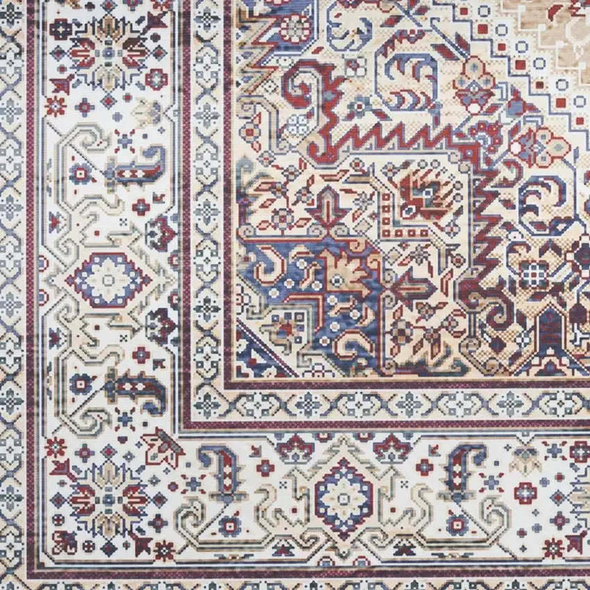 Beige Gold and Red Floral Medallion Distressed Non Skid Area Rug Photo 4