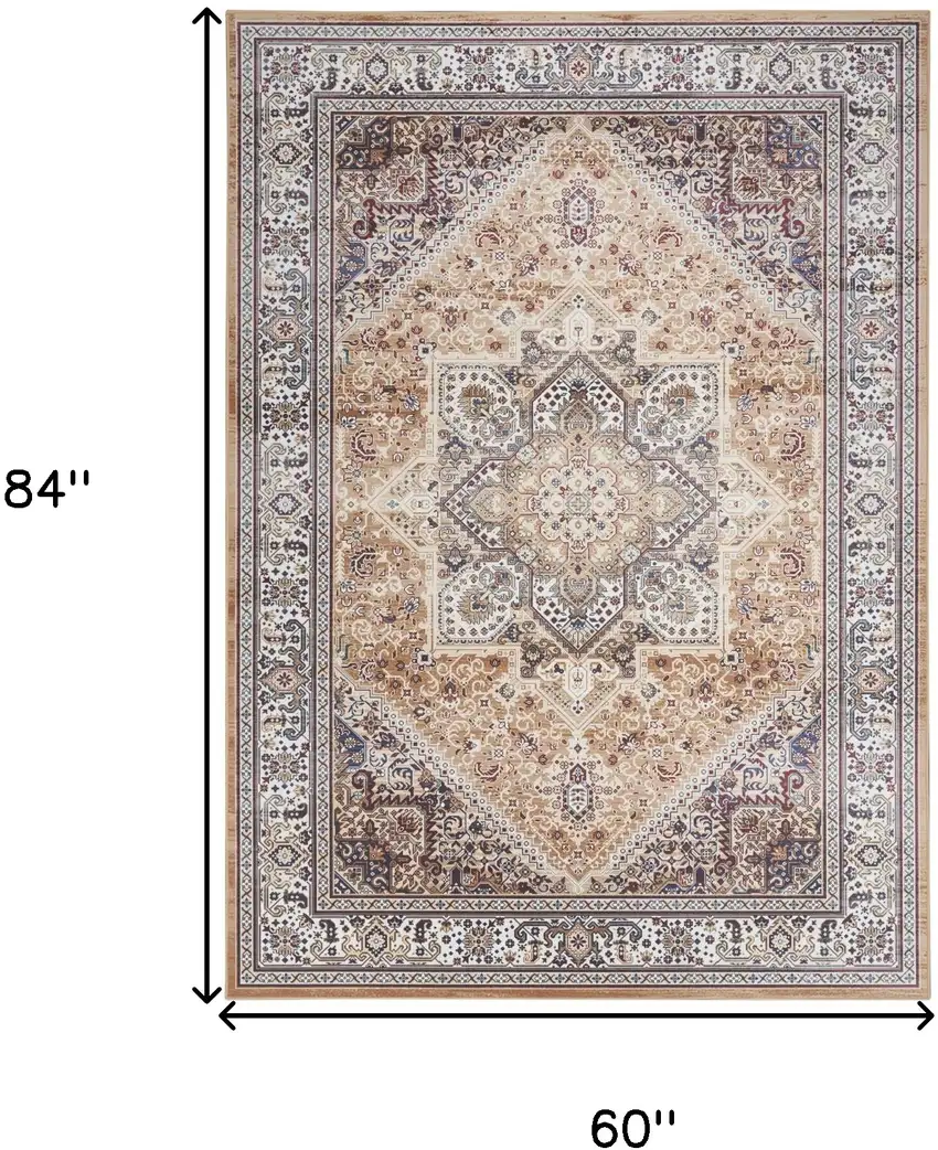 Beige Gold and Red Floral Medallion Distressed Non Skid Area Rug Photo 3
