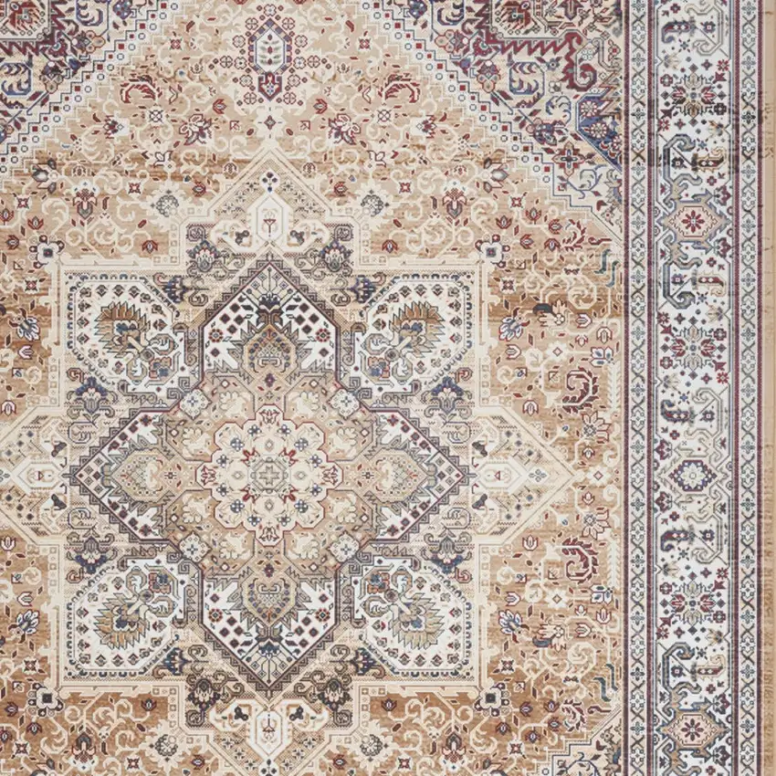 Beige Gold and Red Floral Medallion Distressed Non Skid Area Rug Photo 7