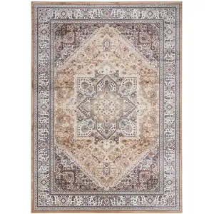 Photo of Beige Gold and Red Floral Medallion Distressed Non Skid Area Rug