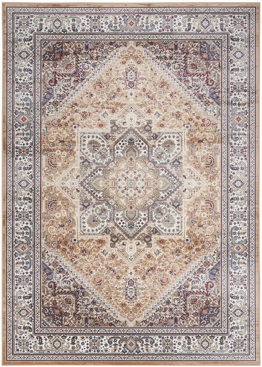 Beige Gold and Red Floral Medallion Distressed Non Skid Area Rug Photo 2