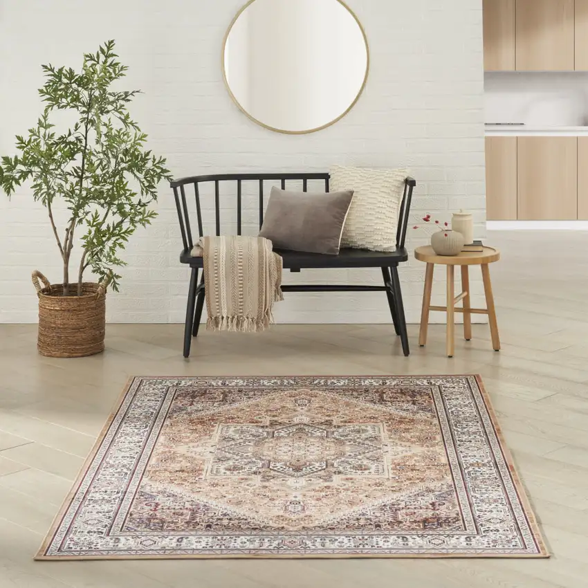 Beige Gold and Red Floral Medallion Distressed Non Skid Area Rug Photo 6