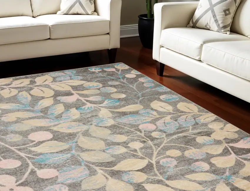 Beige Gray And Blue Botanical Leaves Area Rug Photo 1