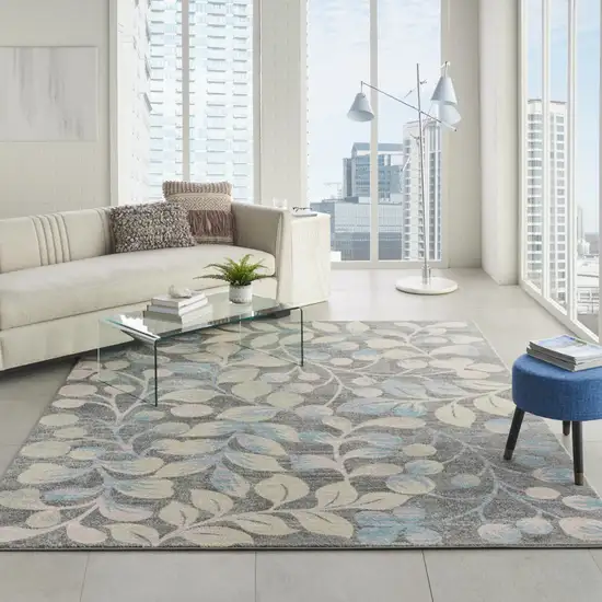 Beige Gray And Blue Botanical Leaves Area Rug Photo 3