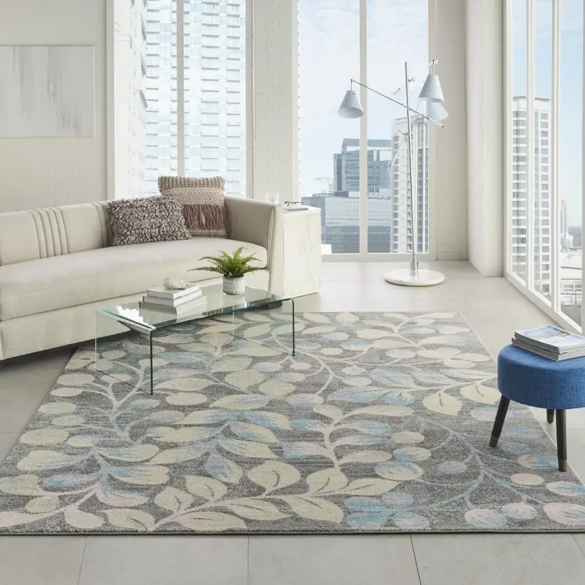 Beige Gray And Blue Botanical Leaves Area Rug Photo 3