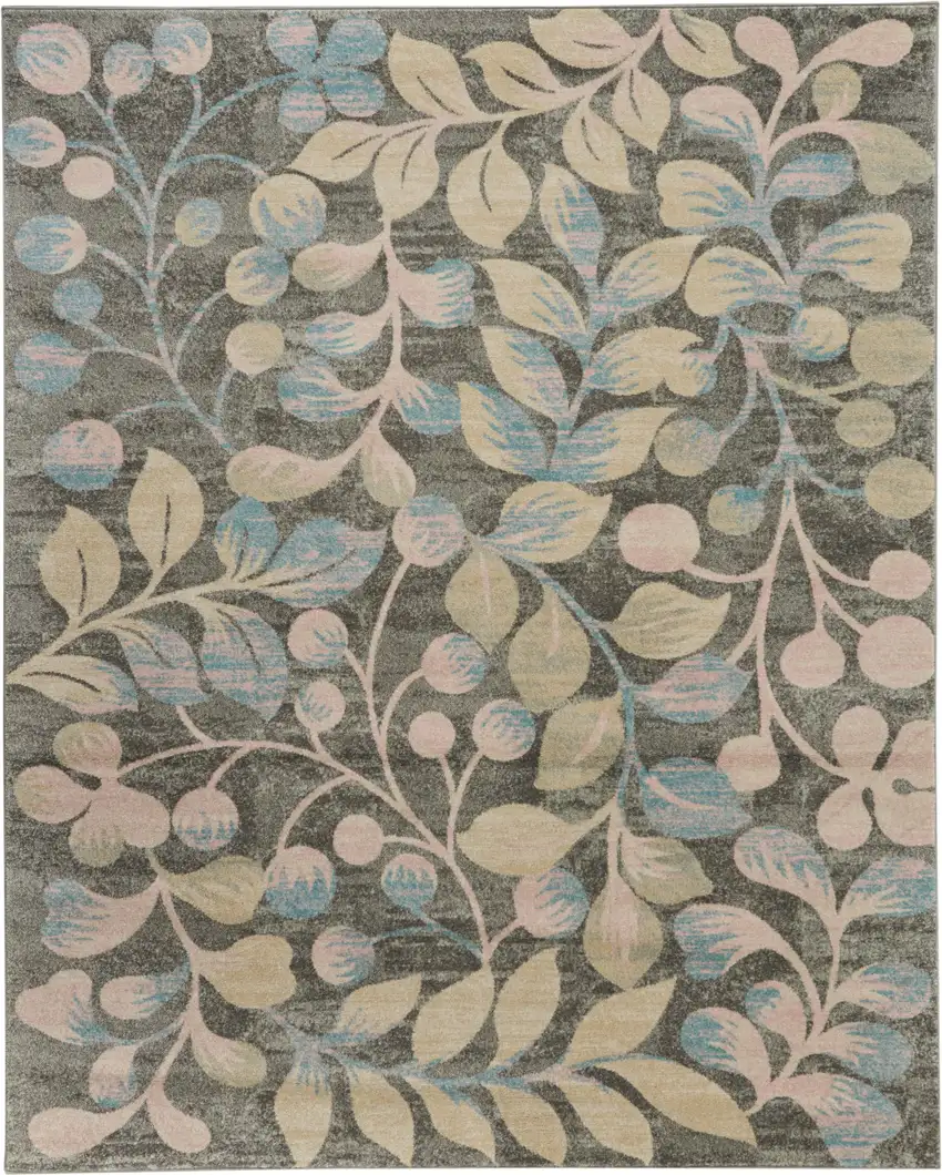 Beige Gray And Blue Botanical Leaves Area Rug Photo 1
