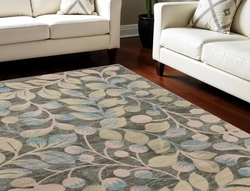Beige Gray And Blue Botanical Leaves Area Rug Photo 1