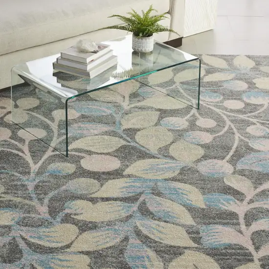 Beige Gray And Blue Botanical Leaves Area Rug Photo 4