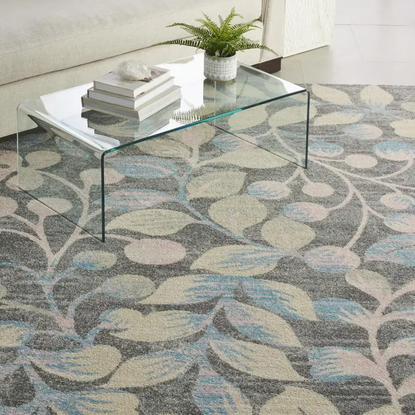 Beige Gray And Blue Botanical Leaves Area Rug Photo 4