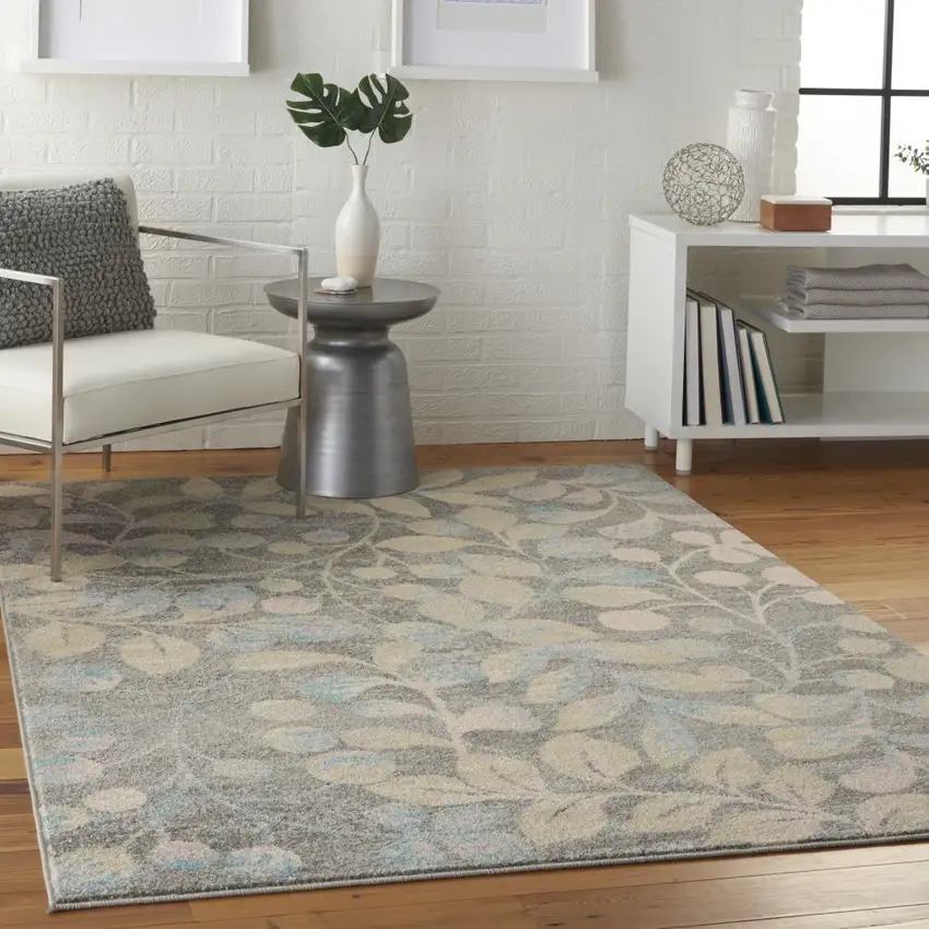 Beige Gray And Blue Botanical Leaves Area Rug Photo 4