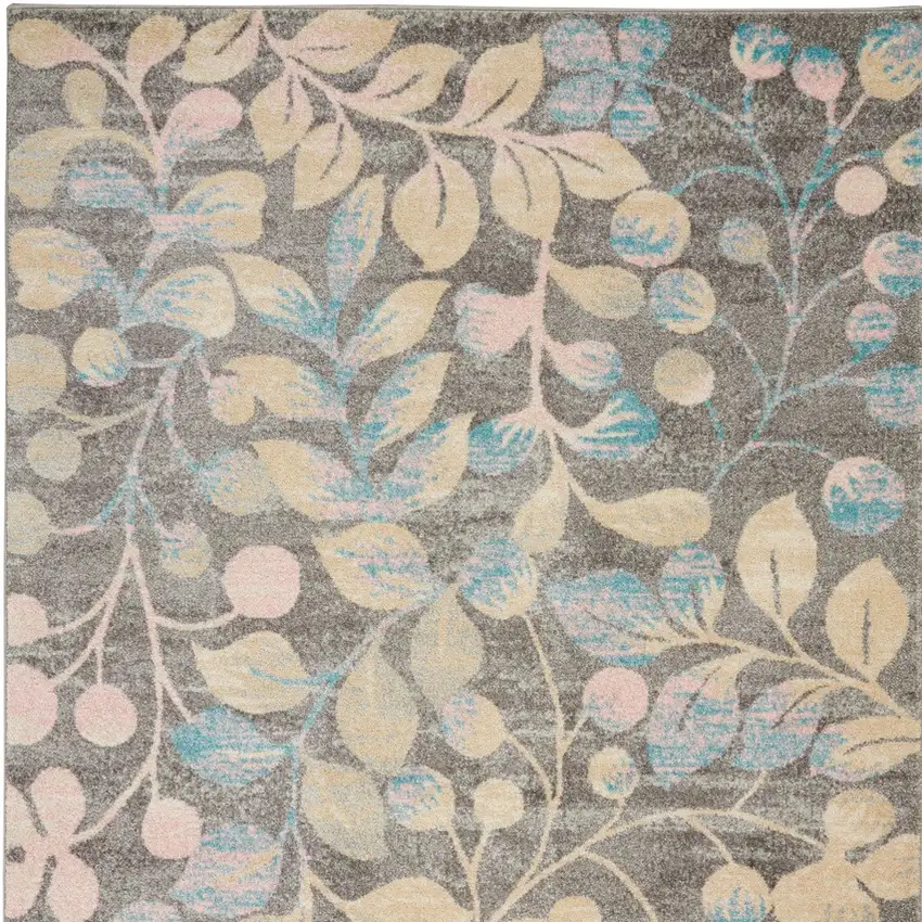 Beige Gray And Blue Botanical Leaves Area Rug Photo 9