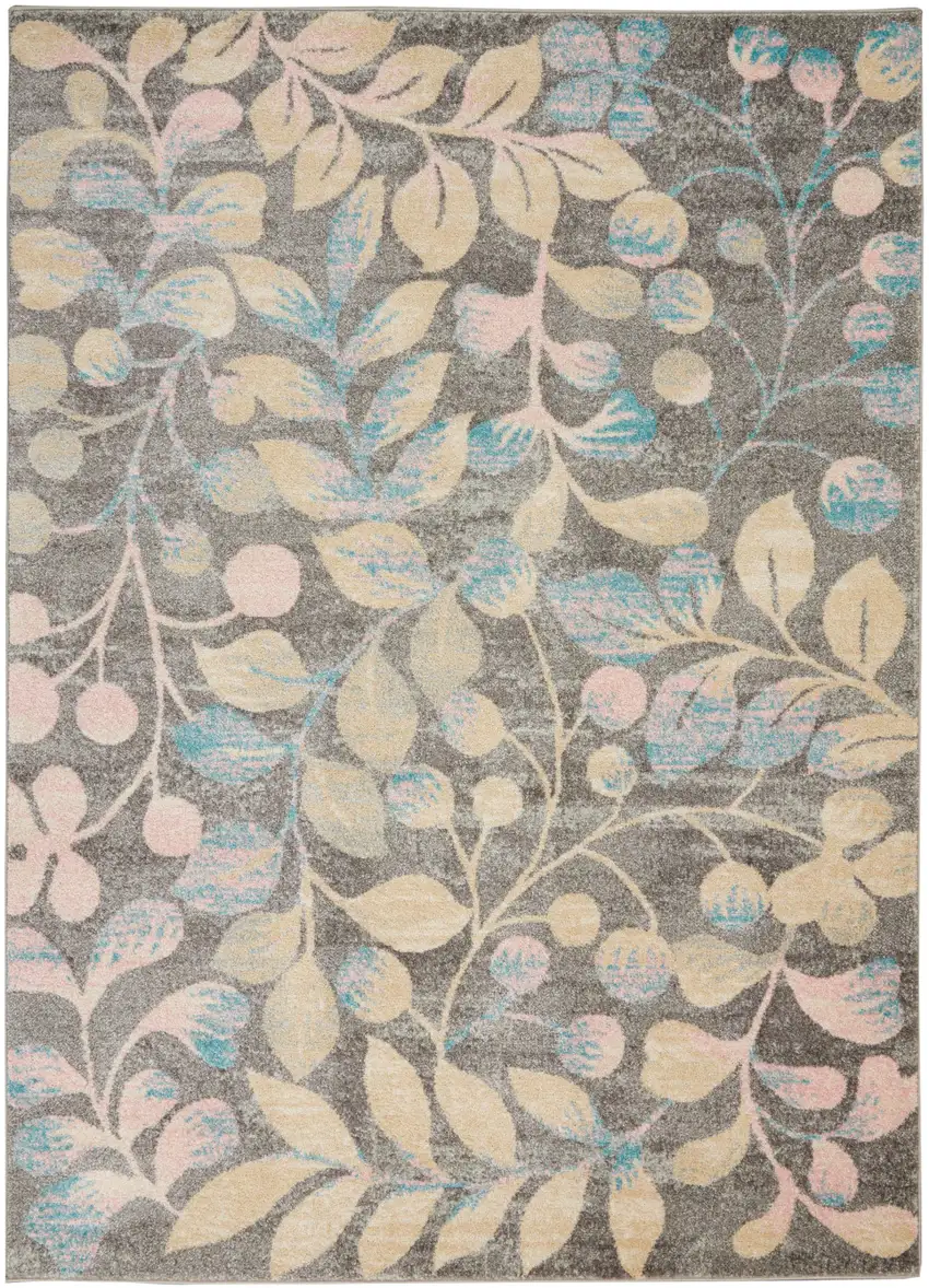 Beige Gray And Blue Botanical Leaves Area Rug Photo 2