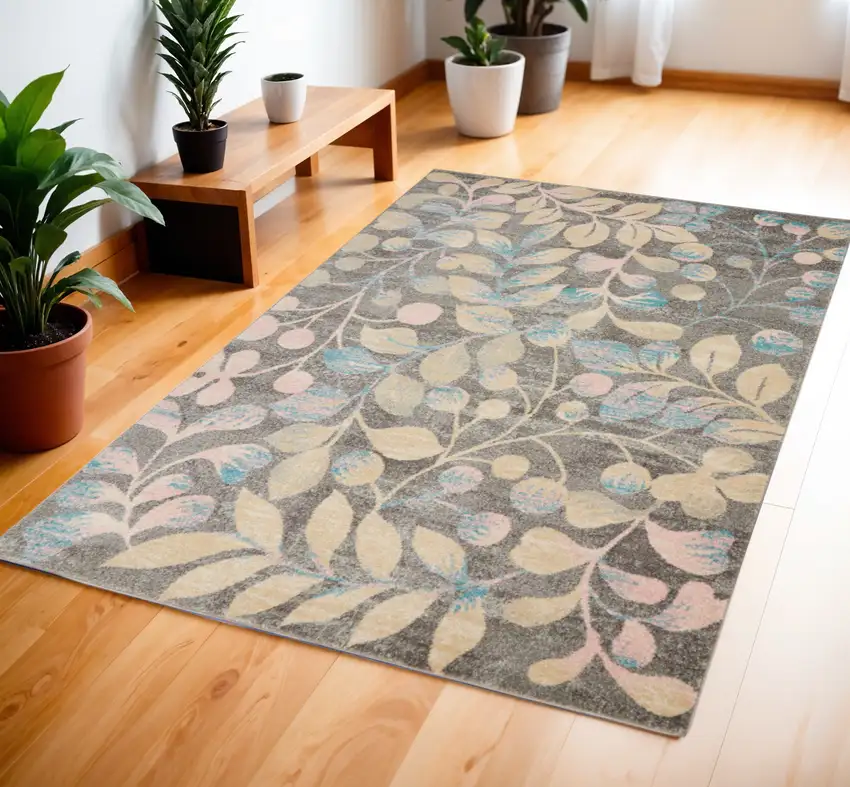 Beige Gray And Blue Botanical Leaves Area Rug Photo 1