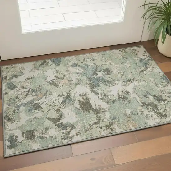 Beige Gray And Blue Floral Washable Area Rug With UV Protection Photo 2