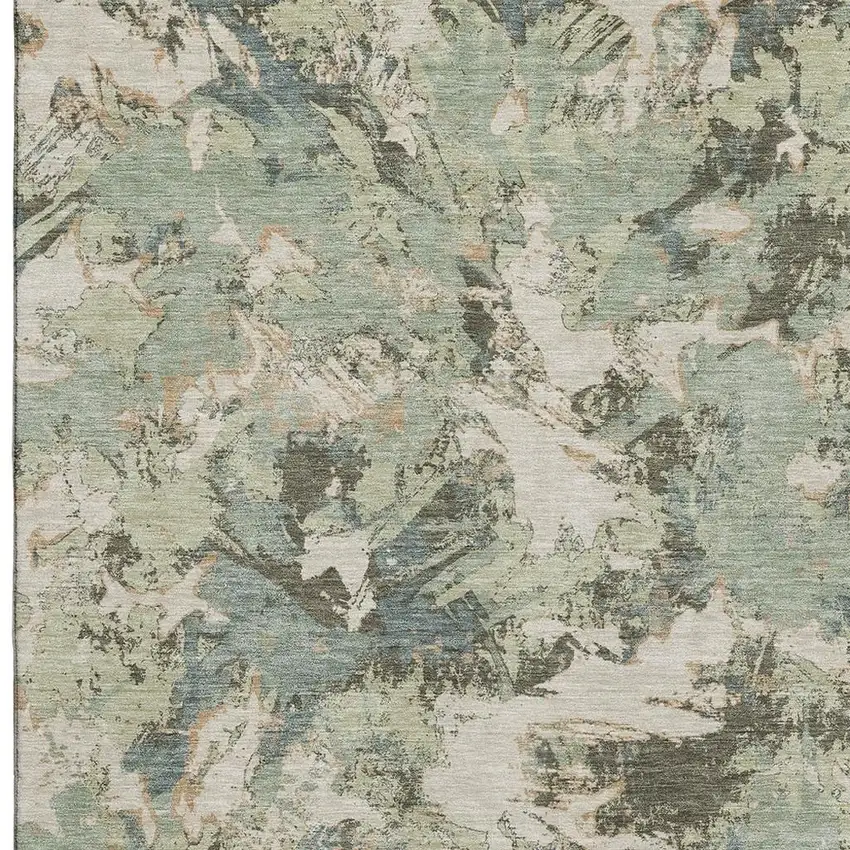 Beige Gray And Blue Floral Washable Area Rug With UV Protection Photo 4