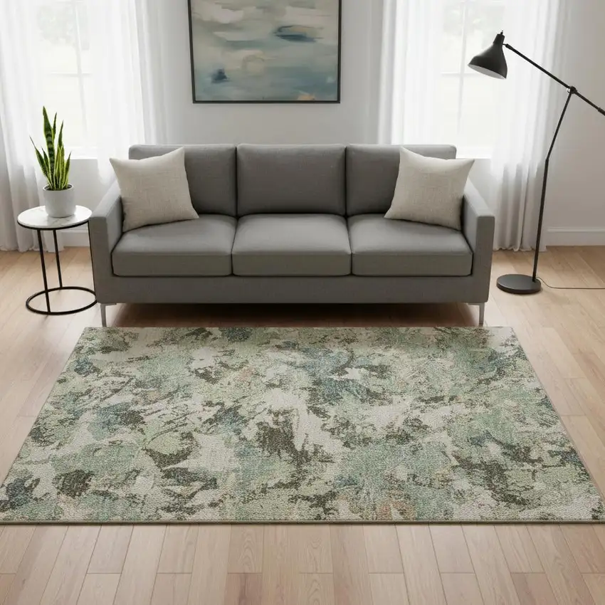 Beige Gray And Blue Floral Washable Area Rug With UV Protection Photo 2