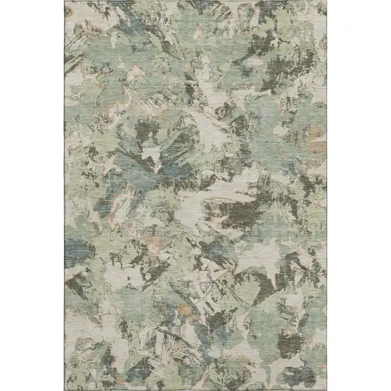 Beige Gray And Blue Floral Washable Area Rug With UV Protection Photo 1