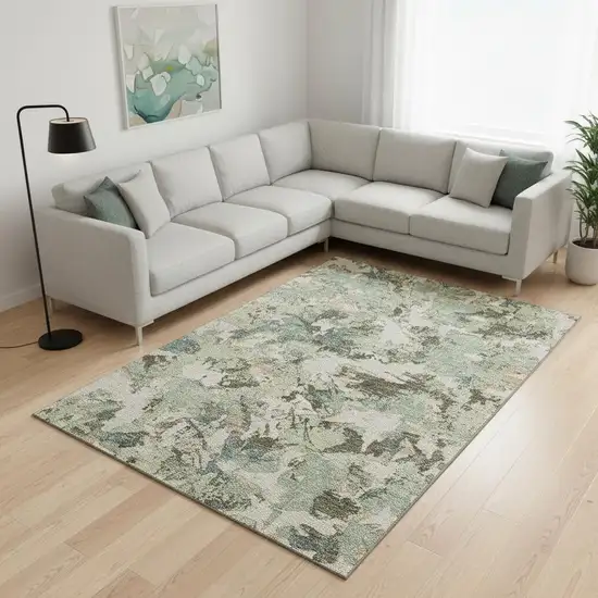 Beige Gray And Blue Floral Washable Area Rug With UV Protection Photo 2