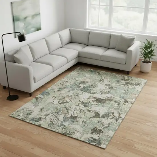 Beige Gray And Blue Floral Washable Area Rug With UV Protection Photo 2