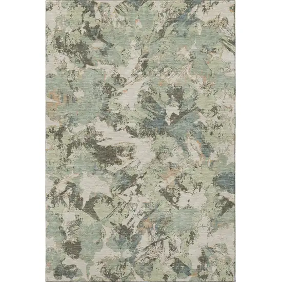 Beige Gray And Blue Floral Washable Area Rug With UV Protection Photo 4