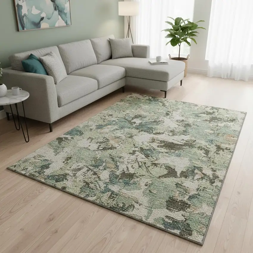 Beige Gray And Blue Floral Washable Area Rug With UV Protection Photo 2