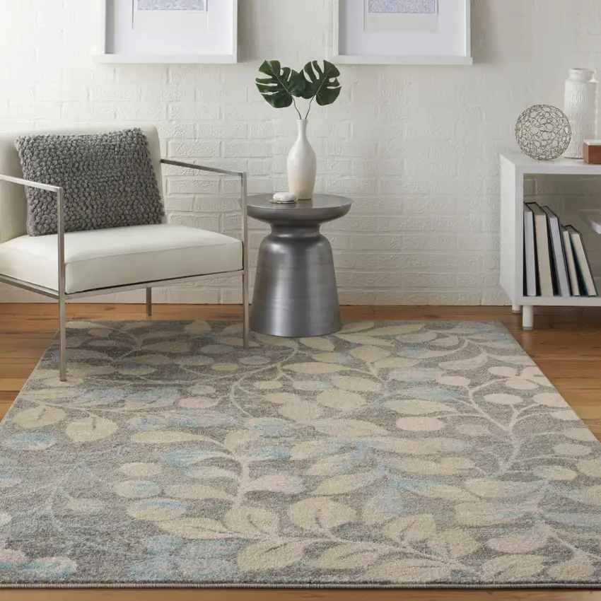 Beige Gray And Blue Tropical Floral Area Rug Photo 3