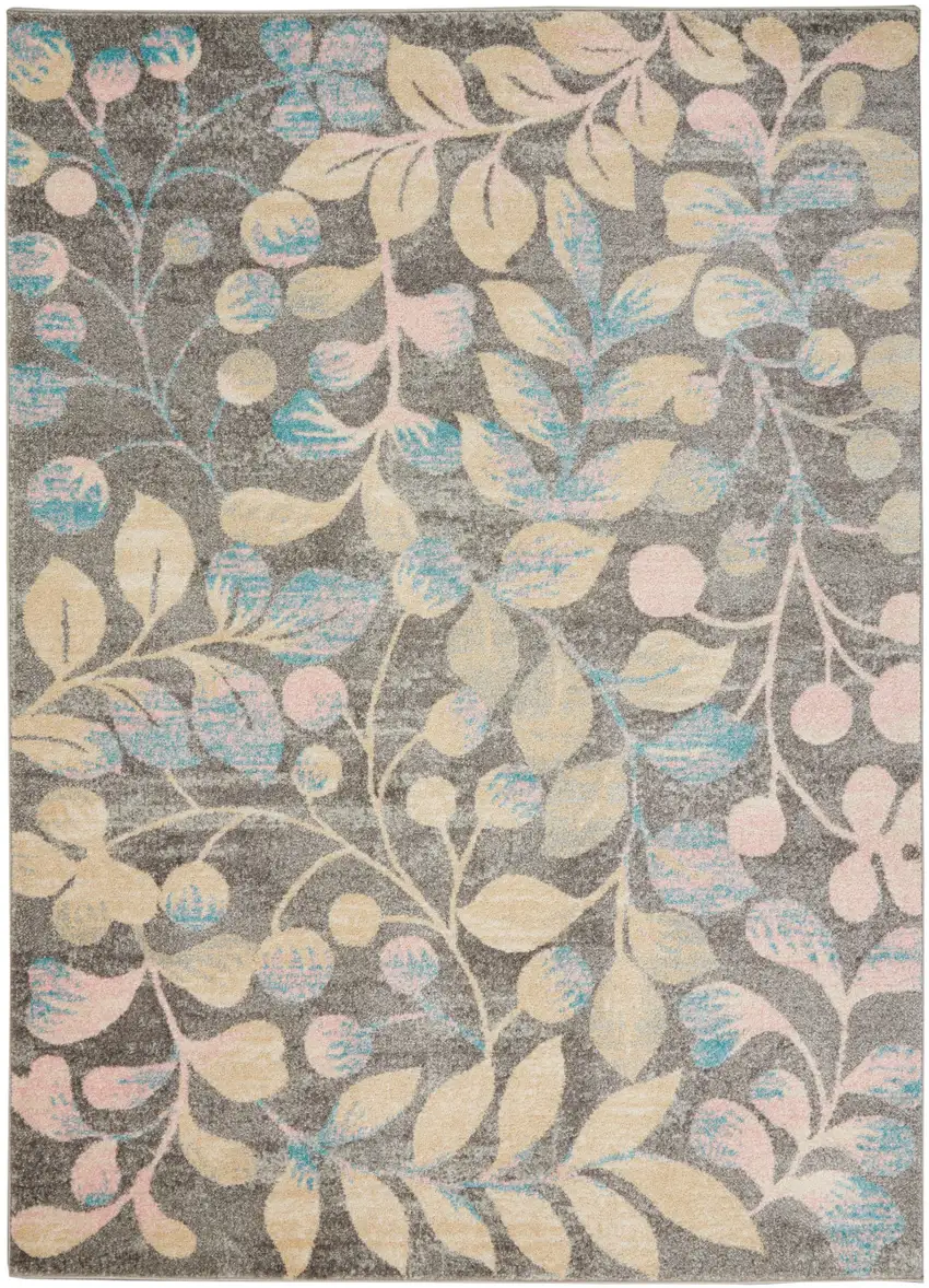 Beige Gray And Blue Tropical Floral Area Rug Photo 9