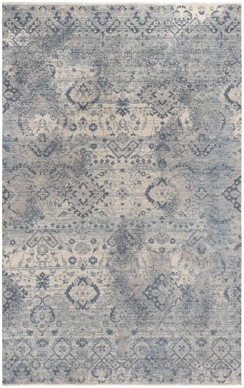 Beige Gray And Blue Wool Oriental Hand Carved Handmade Area Rug Photo 1