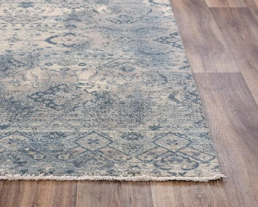 Beige Gray And Blue Wool Oriental Hand Carved Handmade Area Rug Photo 2