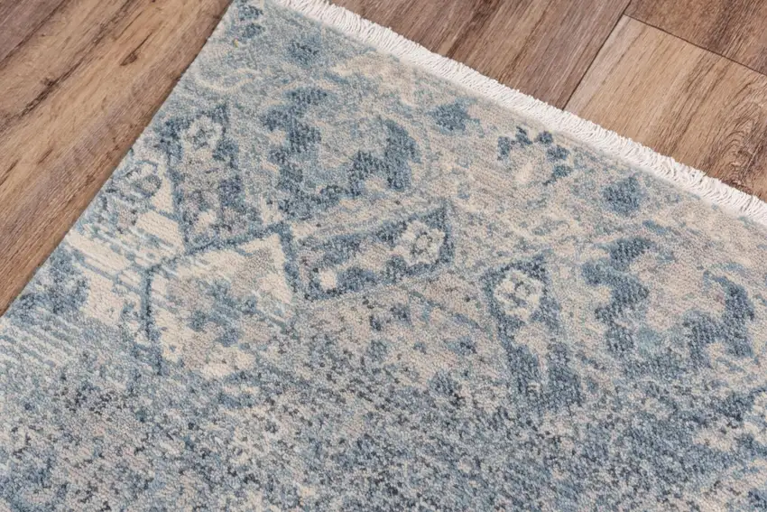 Beige Gray And Blue Wool Oriental Hand Carved Handmade Area Rug Photo 4