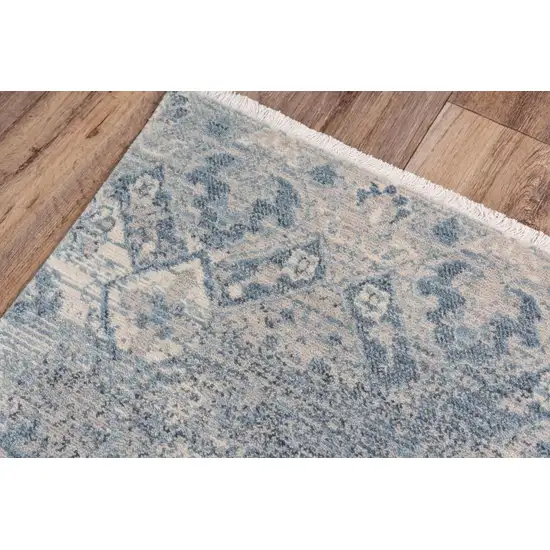 Beige Gray And Blue Wool Oriental Hand Carved Handmade Area Rug Photo 4