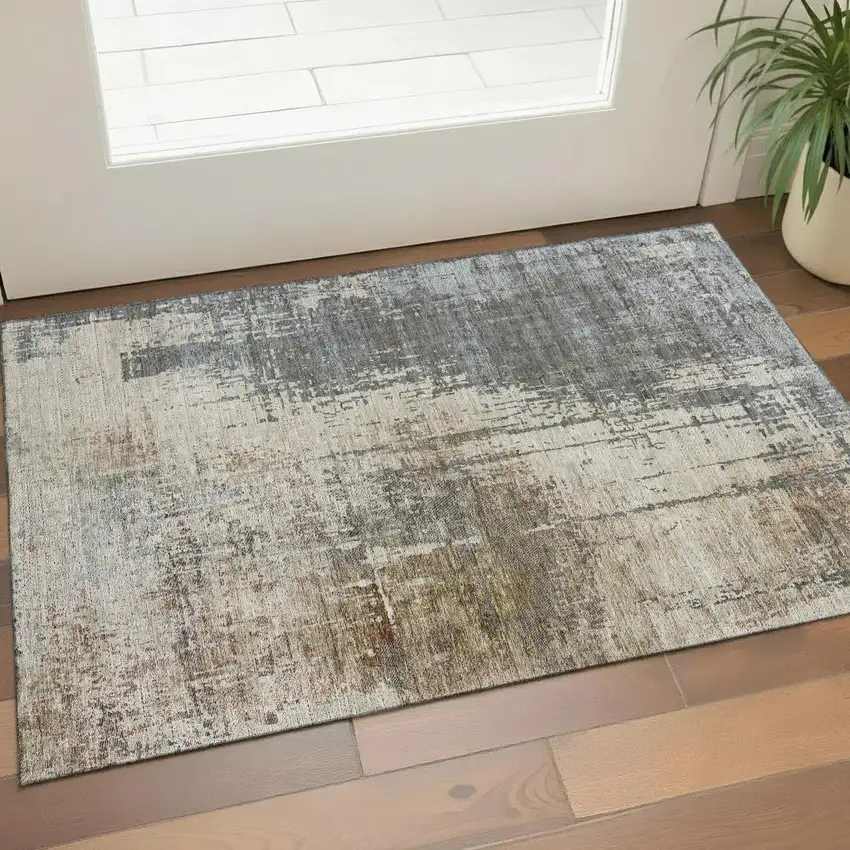Beige Gray And Brown Abstract Washable Area Rug With UV Protection Photo 1