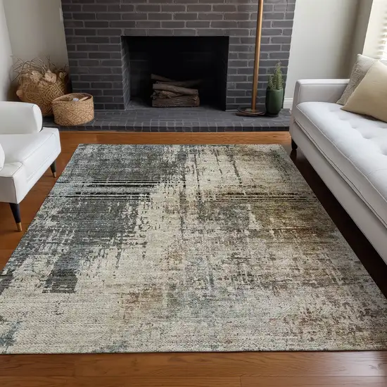 Beige Gray And Brown Abstract Washable Area Rug With UV Protection Photo 3