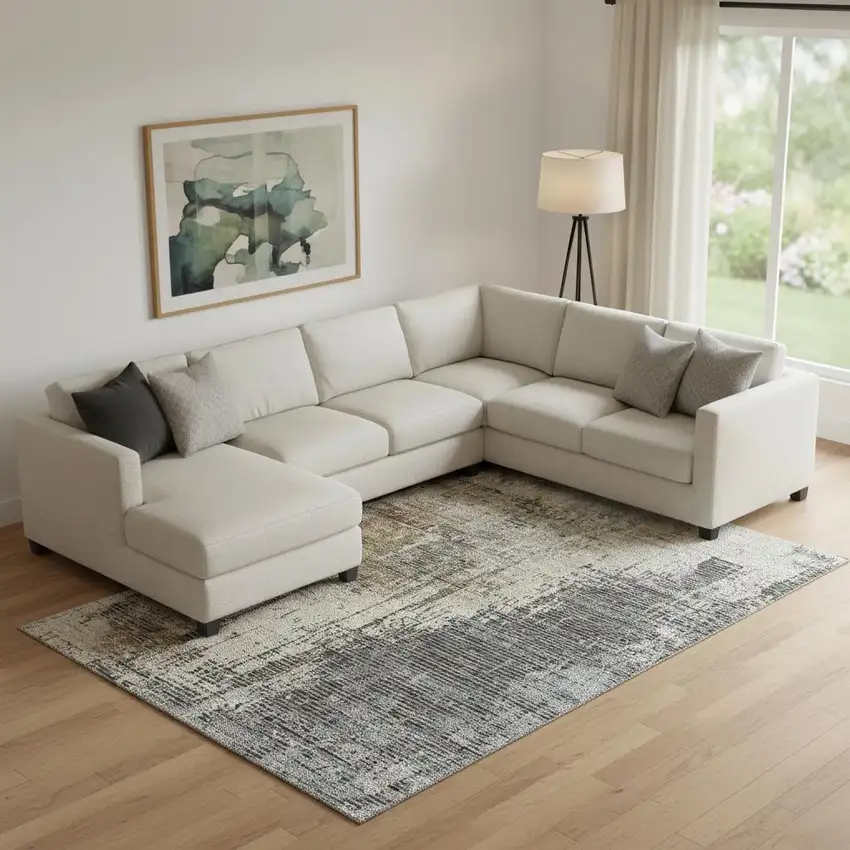 Beige Gray And Brown Abstract Washable Area Rug With UV Protection Photo 1