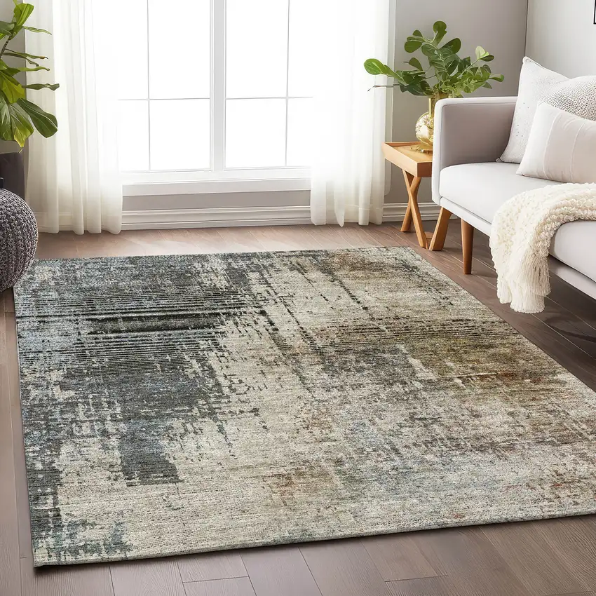 Beige Gray And Brown Abstract Washable Area Rug With UV Protection Photo 5