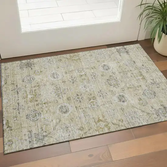 Beige Gray And Brown Damask Washable Area Rug With UV Protection Photo 1