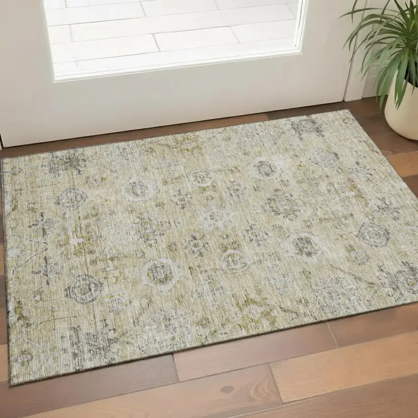 Beige Gray And Brown Damask Washable Area Rug With UV Protection Photo 1