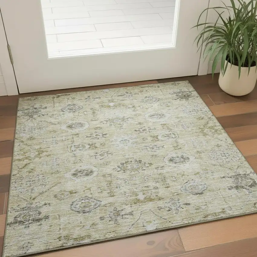 Beige Gray And Brown Damask Washable Area Rug With UV Protection Photo 2